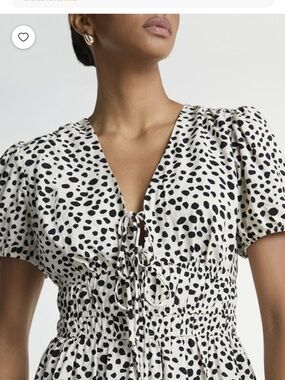 Spot Mini Dress with V-Neck Tie in Black/tan